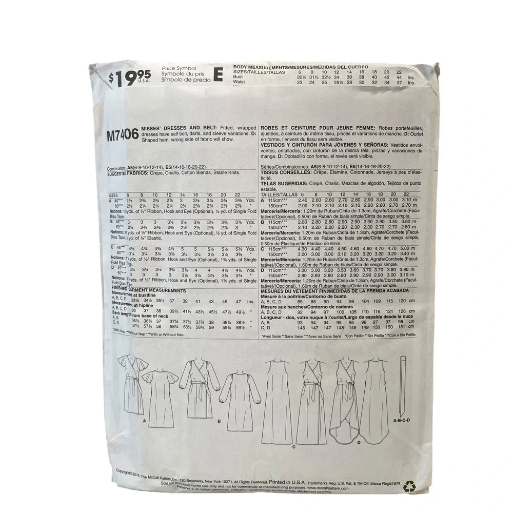 McCALL'S M7406 Misses' Wrap Dress Pattern Size‎ 14-22 Beginner UNCUT FF